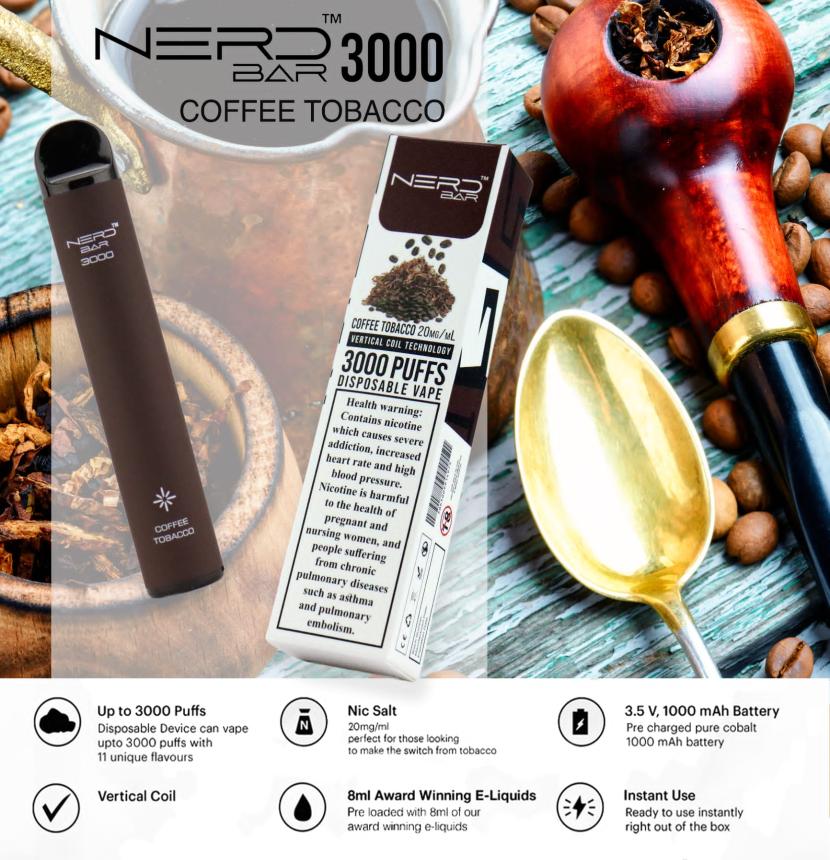 NERD-BAR-3000-Coffee-Tobacco-disposable-vape-in-Dubai2-1.jpg NERD BAR 3000 Coffee Tobacco disposable vape in Dubai - Image 1