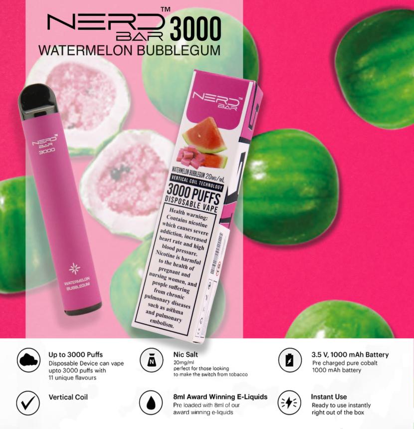 NERD-BAR-3000-Watermelon-Bubble-Gum-disposable-vape-in-Dubai-2-1.jpg NERD BAR 3000 Watermelon Bubble Gum disposable vape in Dubai - Image 1